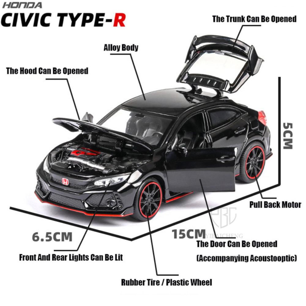 FIQ1 1:32 Honda CIVIC TYPE-R Alloy Diecast Toy Cars Model Simulated with Sound Light Vehicles Collection Toys Children Birthday Gifts