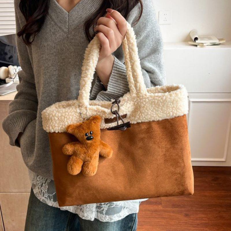 Vintage Horn Butt Suede Tote Bag Women Korean Imitati Lamb Wool Trim Brown Handbag With Pendant Versatile Casual Shoppingbag