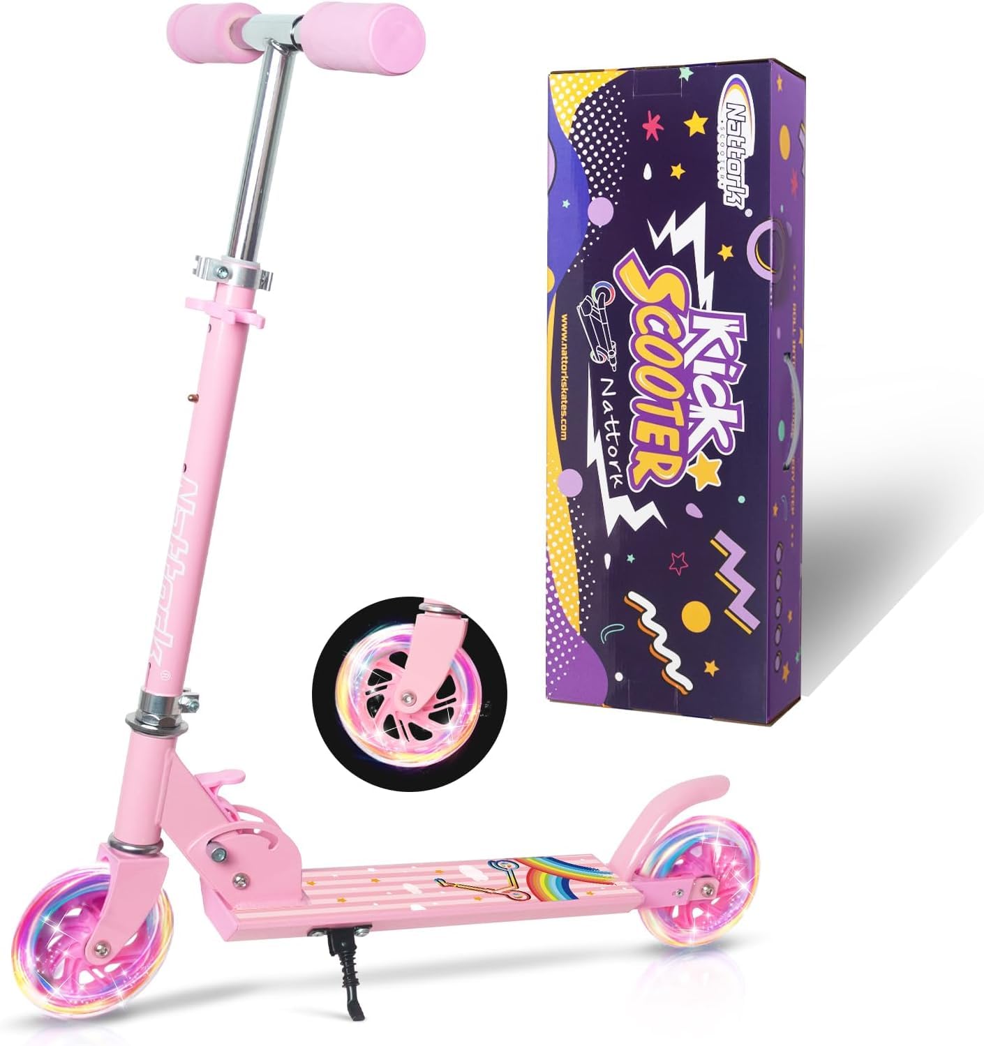 

Nattork Кикборд Кик-скутер по росту Поставляется с подставкой для ноги Легкая грузоподъемность День Рождества Дети, 4-уровневая регулировка, 59/72/77/82см, розовый