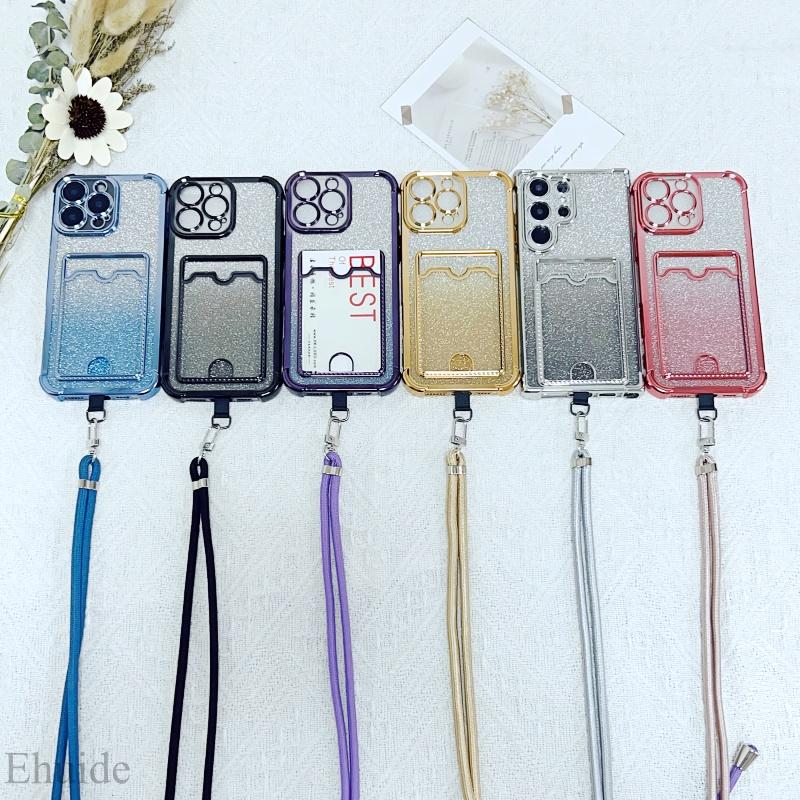 Shockproof Lanyard Card Case For Samsung Galaxy S25 Ultra S24 Plus S23 S22 A55 Crossbody Neck Strap Soft Plating Glitter Cover