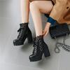 FOREADA Women Ankle Boots Round Toe Thick High Heels Metal Decoration Zipper Lace-up Platform Short Boots Ladies Fashion Shoes Black Autumn Winter