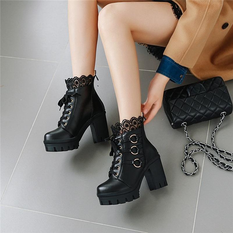 FOREADA Women Ankle Boots Round Toe Thick High Heels Metal Decoration Zipper Lace-up Platform Short Boots Ladies Fashion Shoes Black Autumn Winter