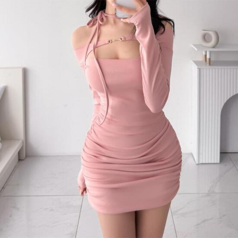New Arrivals Open Run Women Slim Line Hip Shirring Detail Slit Point Strap Mini
