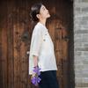 2025 Summer Women's Retro Cotton Linen Stand Collar Color Block Short Sleeve Top for Tea Ceremonies