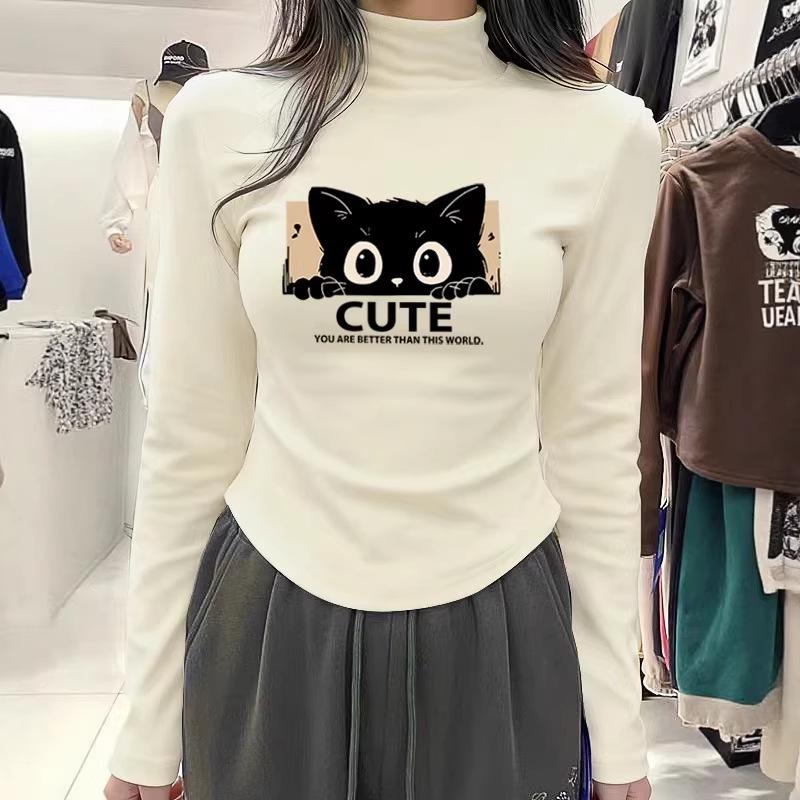 Women s Korean Style Cartoon Print Thermal Fleece Long Sleeve T-shirt S бежевый