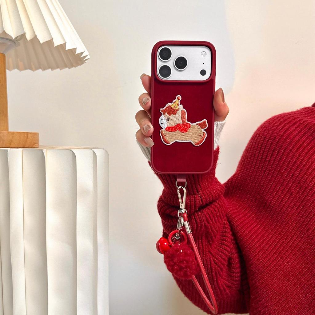 Embroidery Horse Case with Hand Strap & Fur Ball for iPhone 14/15/16/17 Pro Max & Huawei