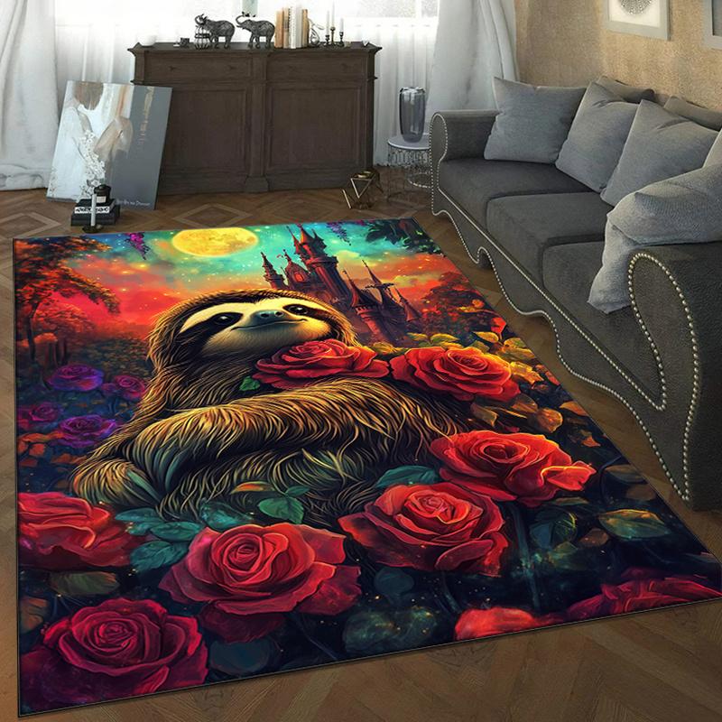 Sloth with Roses Rug for Romantic Living Rooms - Exotic Animal Prints, Beautiful Floral Designs, Luxurious Home Furnishings