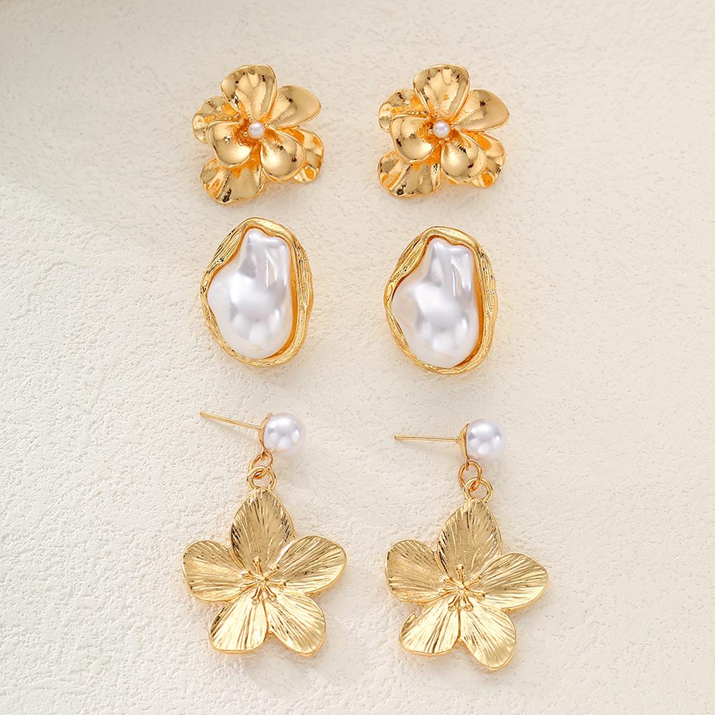 6 Pcs Vintage Flower Pearl Earrings Set Gold Plated Exquisite Irregular Baroque Pearl Drop Earring For Women Party Jewelry Gifts