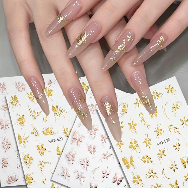 1pc Luxury Golden & Rose Golden Embossed Stickers - Floral Butterfly & Leaf Design, Self-Adhesive Plastic Nail Art Decals for Summer Nail Decor