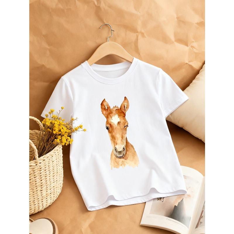 European sizes Cute Donkey Print Girls' Round Neck T-Shirt, Casual Soft and Adorable Daily Top, Premium Choice for Animal Lovers