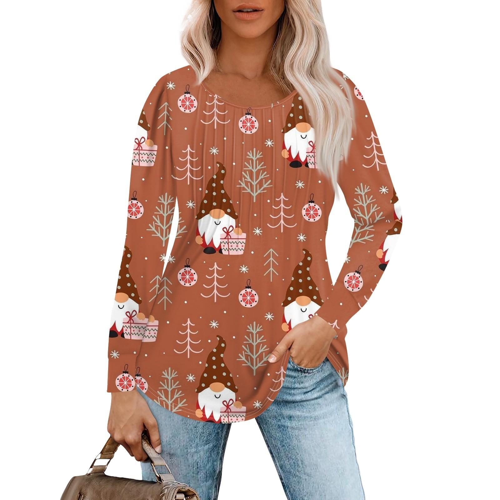 

Женская повседневная футболка с круглым вырезом и длинными рукавами с рождественским принтом и складками M верблюд