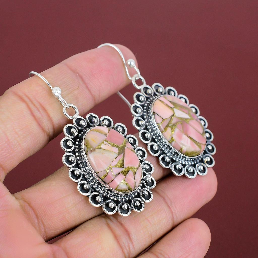 Copper Pink Opal Earring Natural Gemstone Earring 925 Sterling Silver Earrings Beautiful Dangle Earrings Handmade Boho Jewelry Gifts For Her