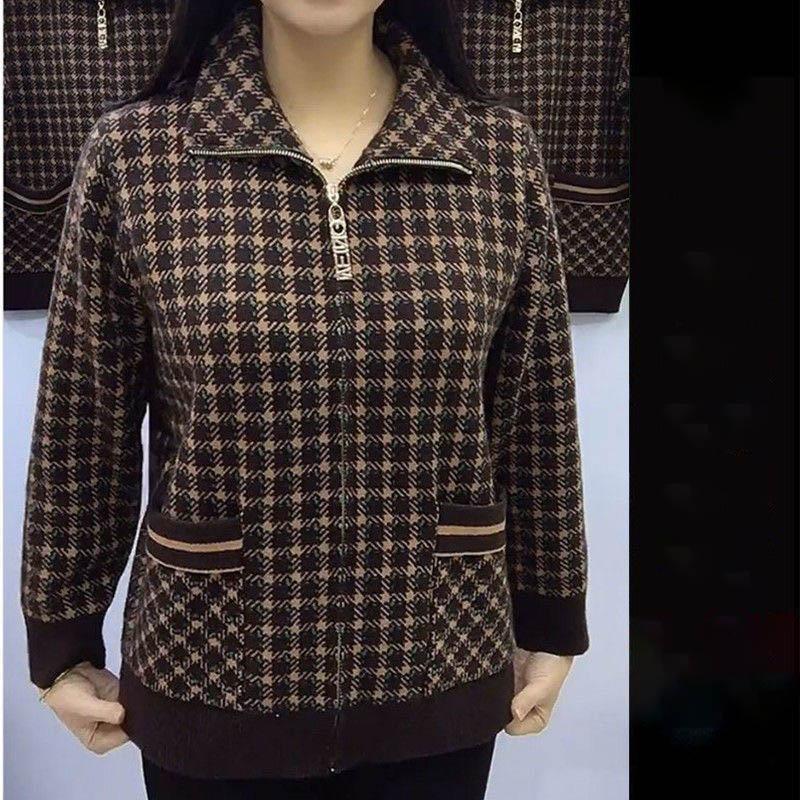 Fashion Small Grid Short Jacket Winter Long Sleeve Middle-aged Mother Zipper Coat Women Casual Plaid Outwear Tops