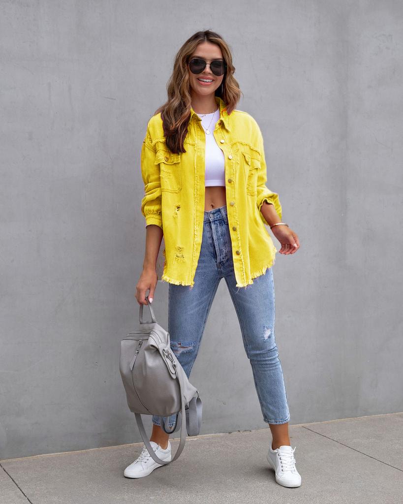 New Long-edged Ripped Denim Jacket Women's Autumn and Winter Long-sleeved Casual Lapel Top