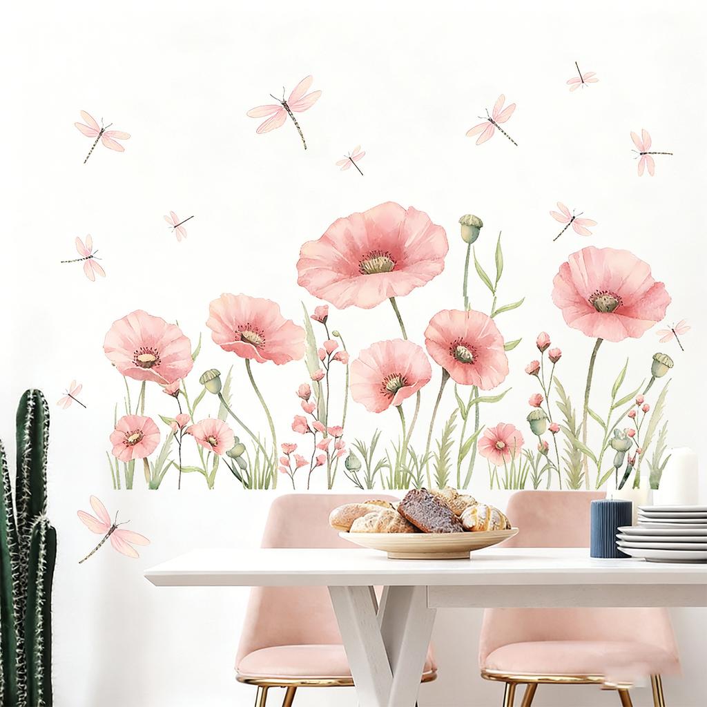 Pink Floral Dragonfly Wall Sticker Self Adhesive PVC Decal for Living Room Bedroom Home Interior Decoration
