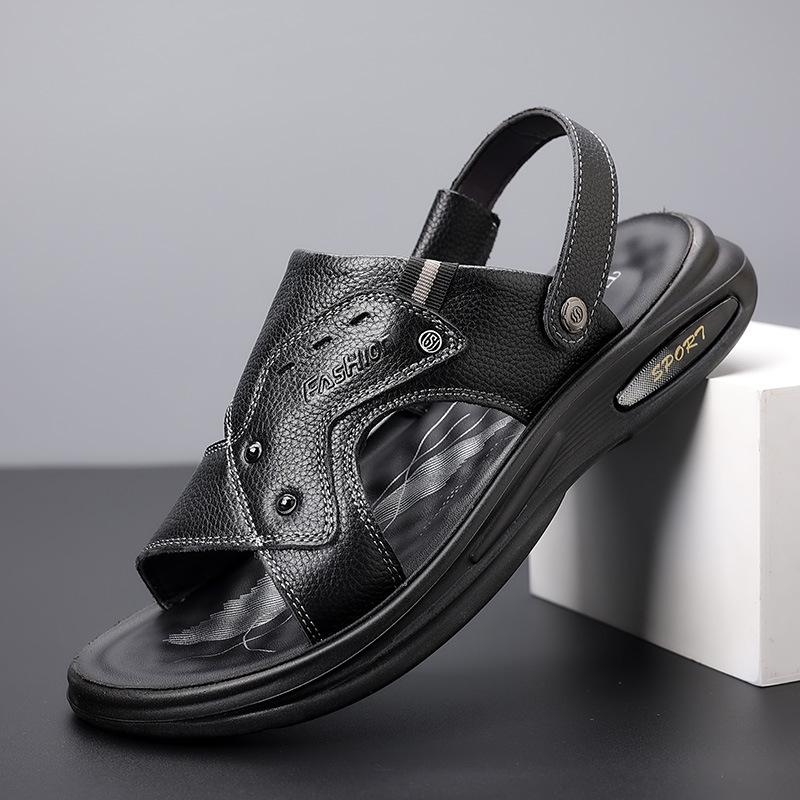 Sandals men's summer new beach shoes genuine leather cool slippers soft sole men's sandals trend one shoe two wear leather sandals