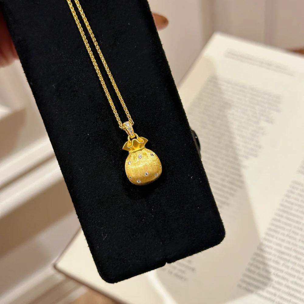 Chinese Style Antique Gold Diamond Lucky Money Bag Pendant Necklace Women Delicate Filigree Collarbone Jewelry Gift