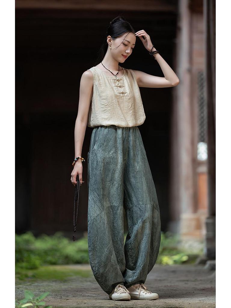 Damen-Retro-Leinenhose mit Batikmuster und weitem Bein im Laternen-Stil
