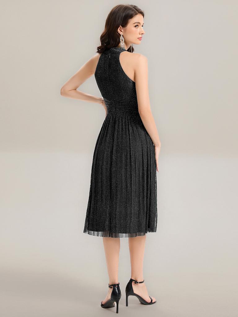 Ever-Pretty Women's Glitter Halter Cocktail Dresses Sleeveless Pletaed A-Line Midi Evening Dresses