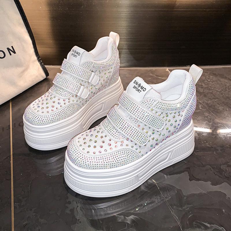 Fashion 10cm Microfiber Platform Heel Wedge Shoes Sneakers Pumps White Platform Crystal Pumps Shoes Women Zapatos De Mujer