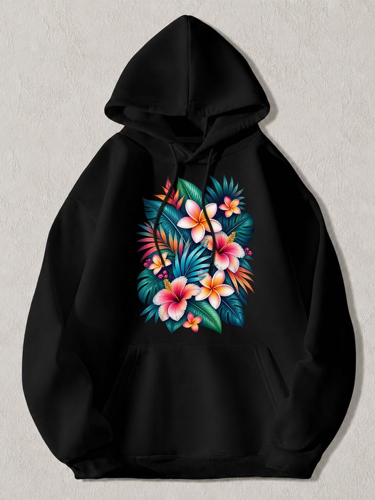 Black Pullover Hoodie with Vibrant Tropical Floral Print Featuring Hibiscus And Plumeria Flowers Casual Sweatshirt for Daily Wear