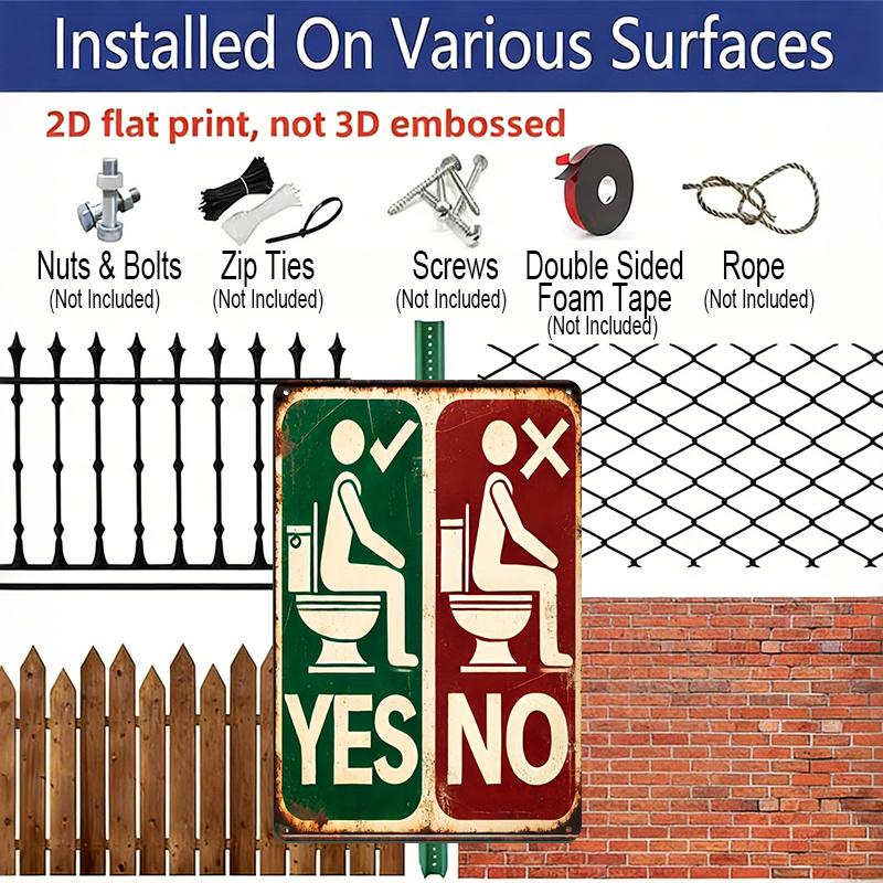 2D Flat, 1pc "Yes No Toilet Etiquette" Aluminium Metal Wall Decor Sign - 8"x12" Funny Bathroom Restroom Decor, Vintage Toilet Posture Guide Wall Art