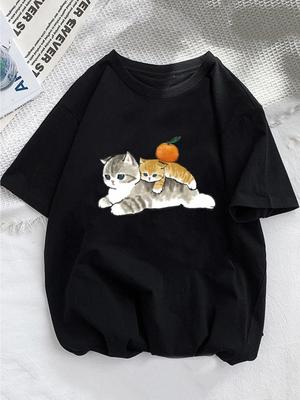 Damen Niedliches Katze Grafik T-Shirt Kurzarm Rundhals Weich Bequem Lässiges Tee mit Entzückendem Orangefarbenem Katzenaufdruck t shirt damen