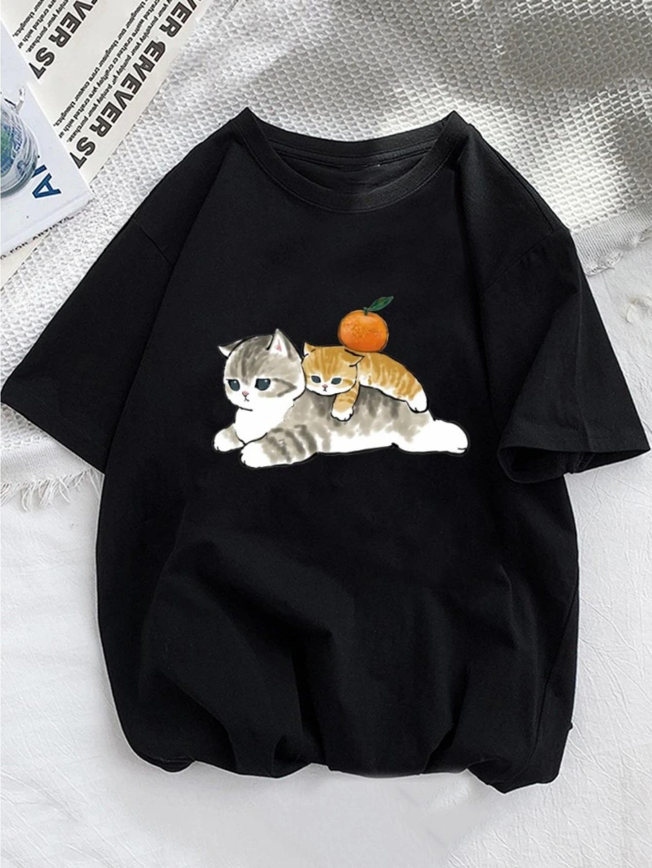 

Женская милая футболка с графикой кота, с коротким рукавом, круглым вырезом, мягкая, удобная, повседневная футболка с очаровательным принтом оранжевого кота, футболка женская L