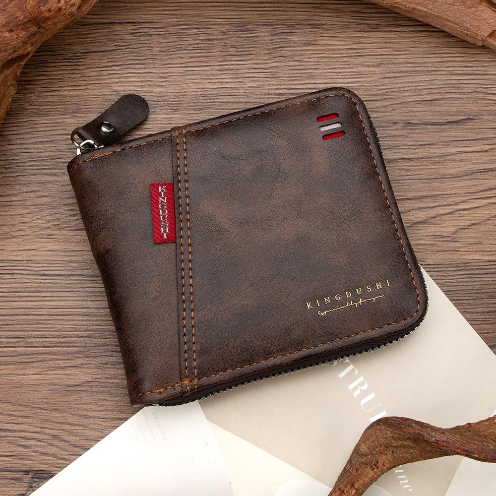 Schoolbag New Oil Wax Leather Splicing Men's Short Chain Wallet Multi-card Position Hinge Change Bag Card Storage Zipper Bag
