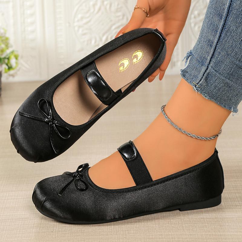 Fashion Women's Pink Mary Jane Ballet Flats with Bow Soft Satin Slip On Dress Shoes Woman Lightweight Comfortable Casual Shoes Plus Size