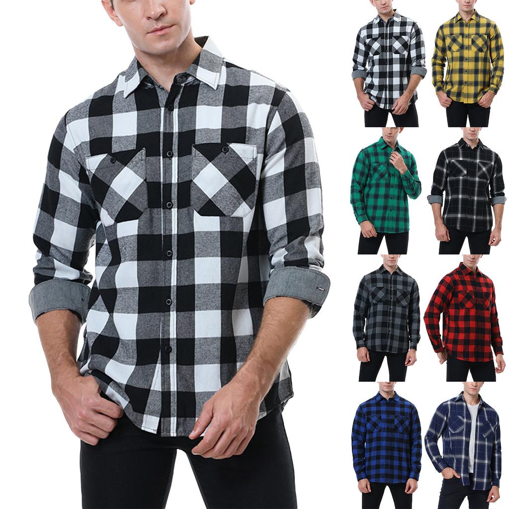 Men's Casual Fashion Plaid Long Sleeve Shirt Men's Pocket Button Shirt