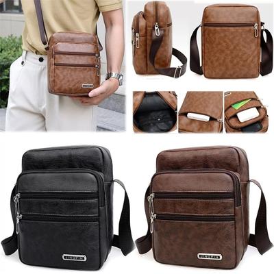 Men Small Laptop Messenger Bag PU Leather Shoulder Bag Crossbody Wallet Bags Zip