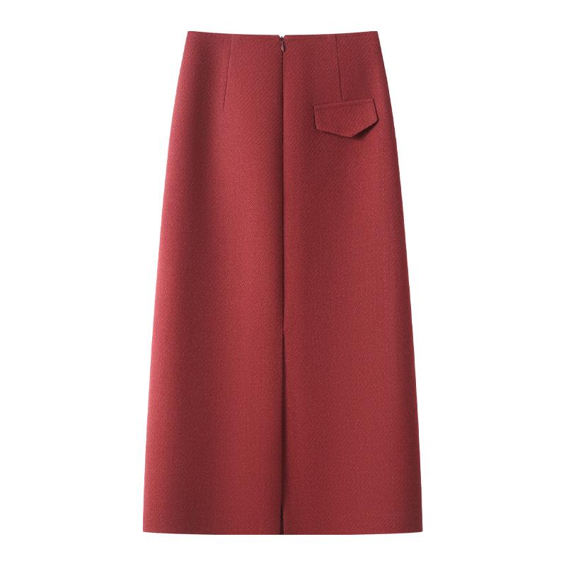 2024 Women's High Waist Red Angora Tweed Bodycon Midi Skirt - New Autumn/Winter Style