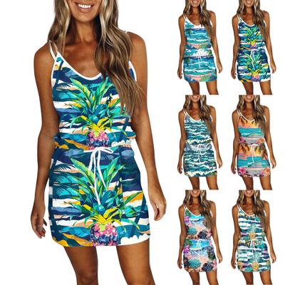 Women's Fashion Casual Summer Printed Loose Sleeveless Strappy Front Pockets V Neck Dress