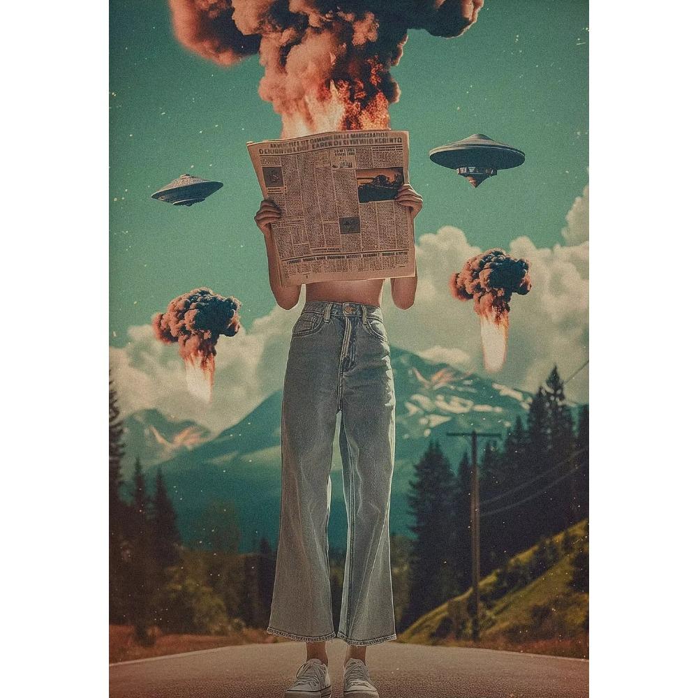 Surreal Cosmos Space UFO Sci Fi Poster Vintage Astronaut Alien Desert Canvas Painting Trendy Wall Art for Living Room Home Decor