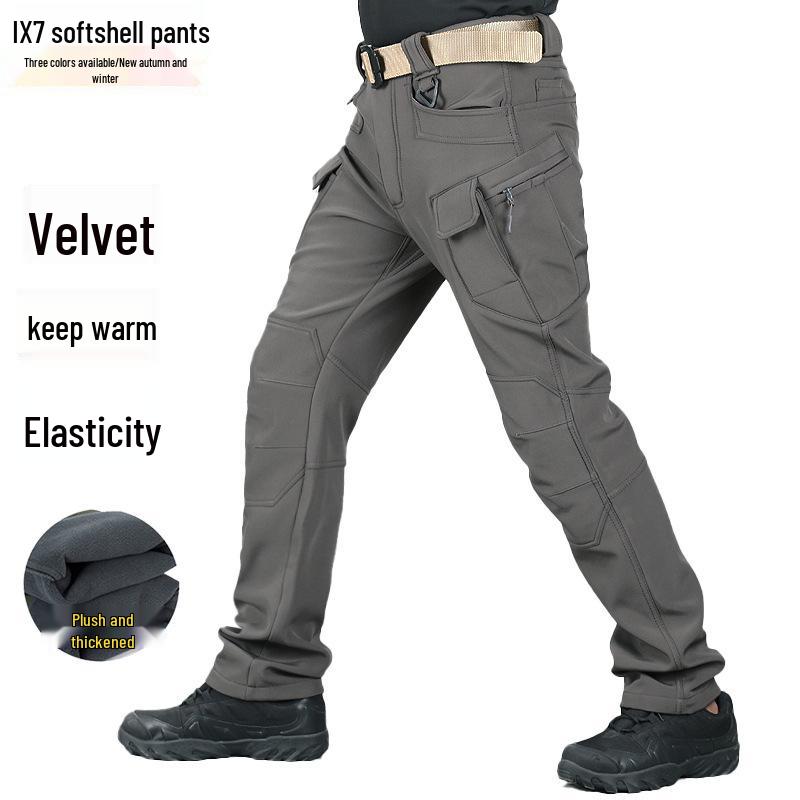 

Чоловічі вітрозахисні софтшел штани: Осінньо-зимовий лижний, багатокишеньковий, на флісовій підкладці, зносостійкий тактичний камуфляжний робочий одяг. Double Extra Large