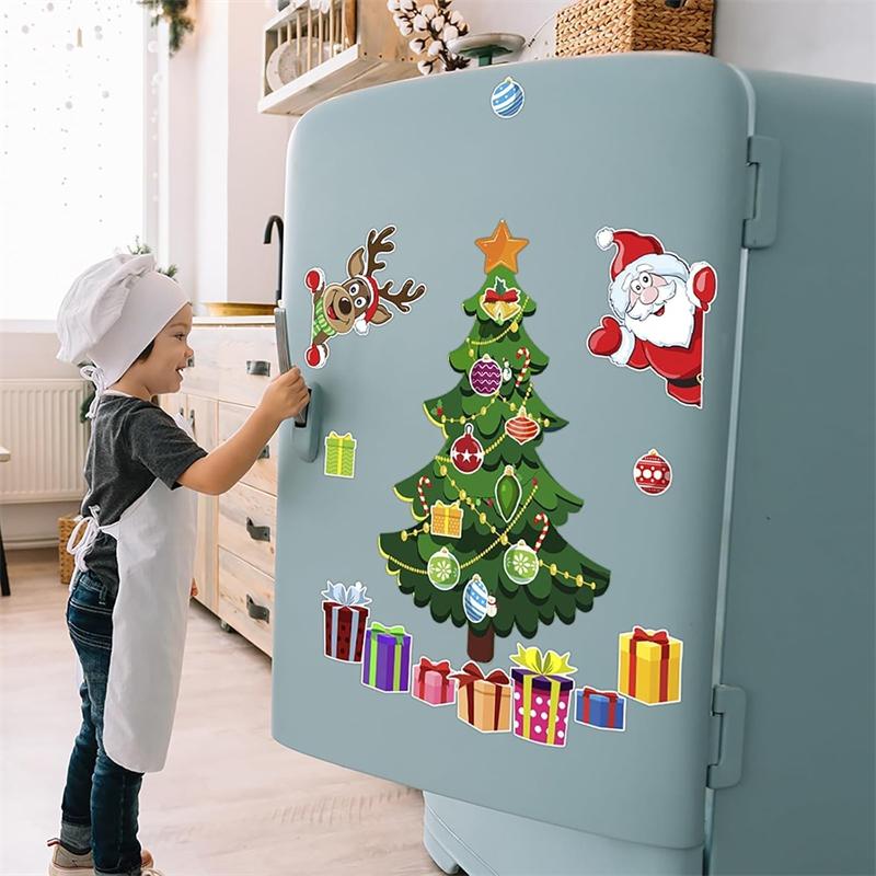 Magnetic Christmas Tree Fridge Stickers With Santa And Reindeer For Refrigerator Metal Door Home Kitchen Office Wall Decoration