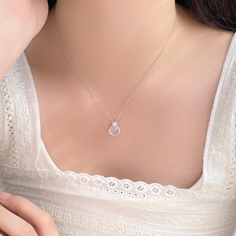 Exquisite White Chalcedony & Diamond Round Pendant Necklace - Versatile High-End Choker