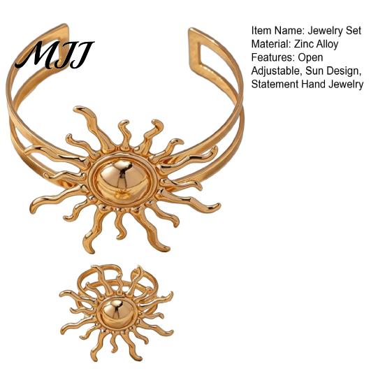 Golden Plated Jewelry Set 2Pcs Retro Sun Bangle Ring Set, Open Adjustable Cuff Bracelet Lady Statement & Ring, Hand for Women Finger