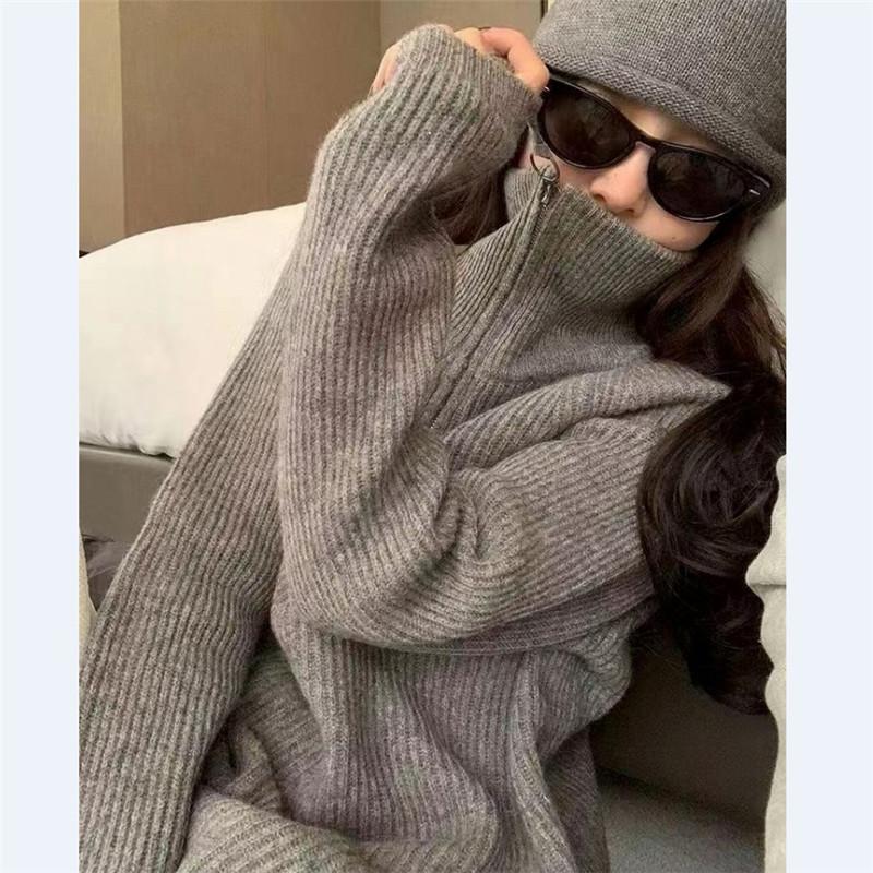 Loose and lazy wind lapel half zipper knitted sweater top women's autumn and winter new simple casual pullover sweater