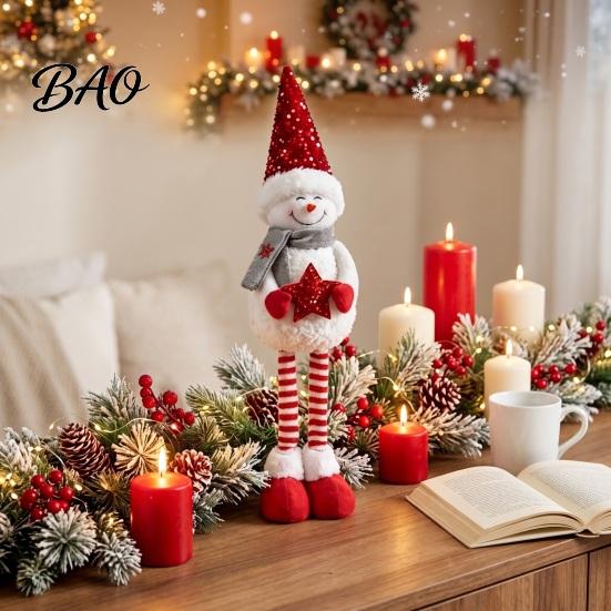 Festive Party Supplies Christmas Plush Snowman with Extendable Legs, Sequins Hat Holding Star Dolls Doll, Standing Long Legs Xmas Decoration