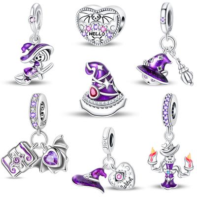 Popular Copper Purple Flying Witch, Hat & Magic Book World Dangle Charm Fits Original Bracelet Diy Halloween Charm