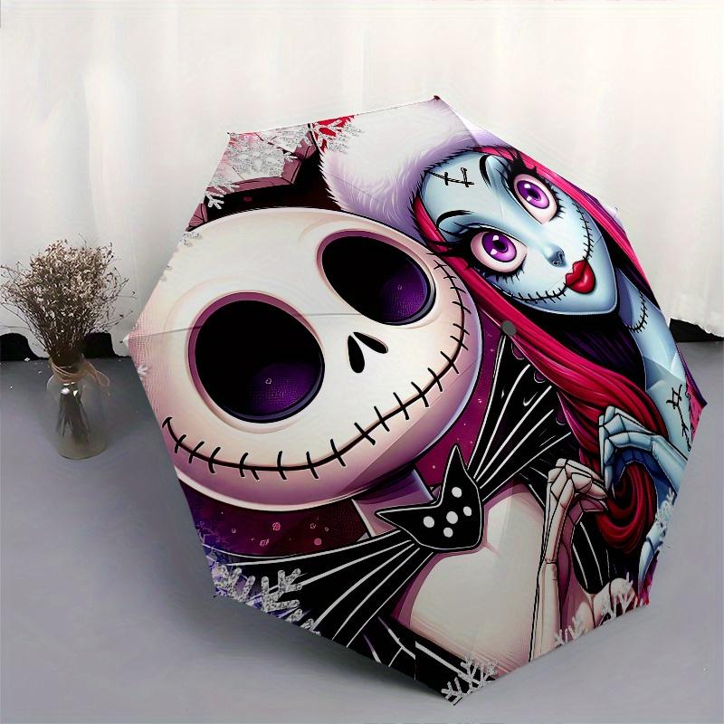 1 Ombrello Portatile Colorato con 8 stecche, a Tema Jack Skellington e Sally, Apribile Automaticamente, per Uomo e Donna, un Compagno Compatto per il Pendolarismo Adatto per Da