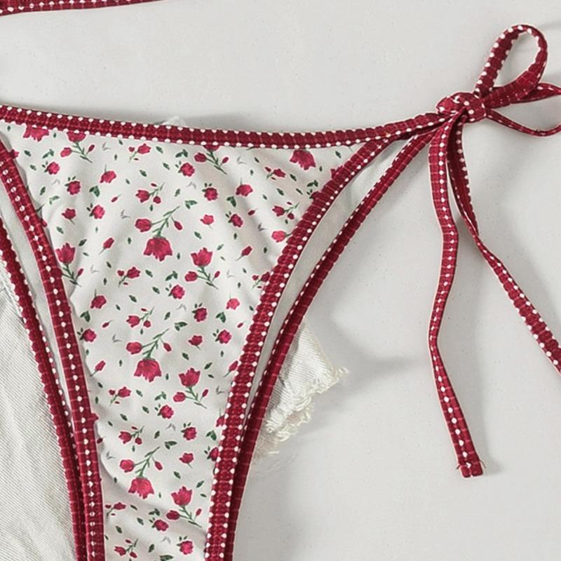 Swimsuit Women's New Floral Print Lace-up Sexy Girl Split Swimsuit