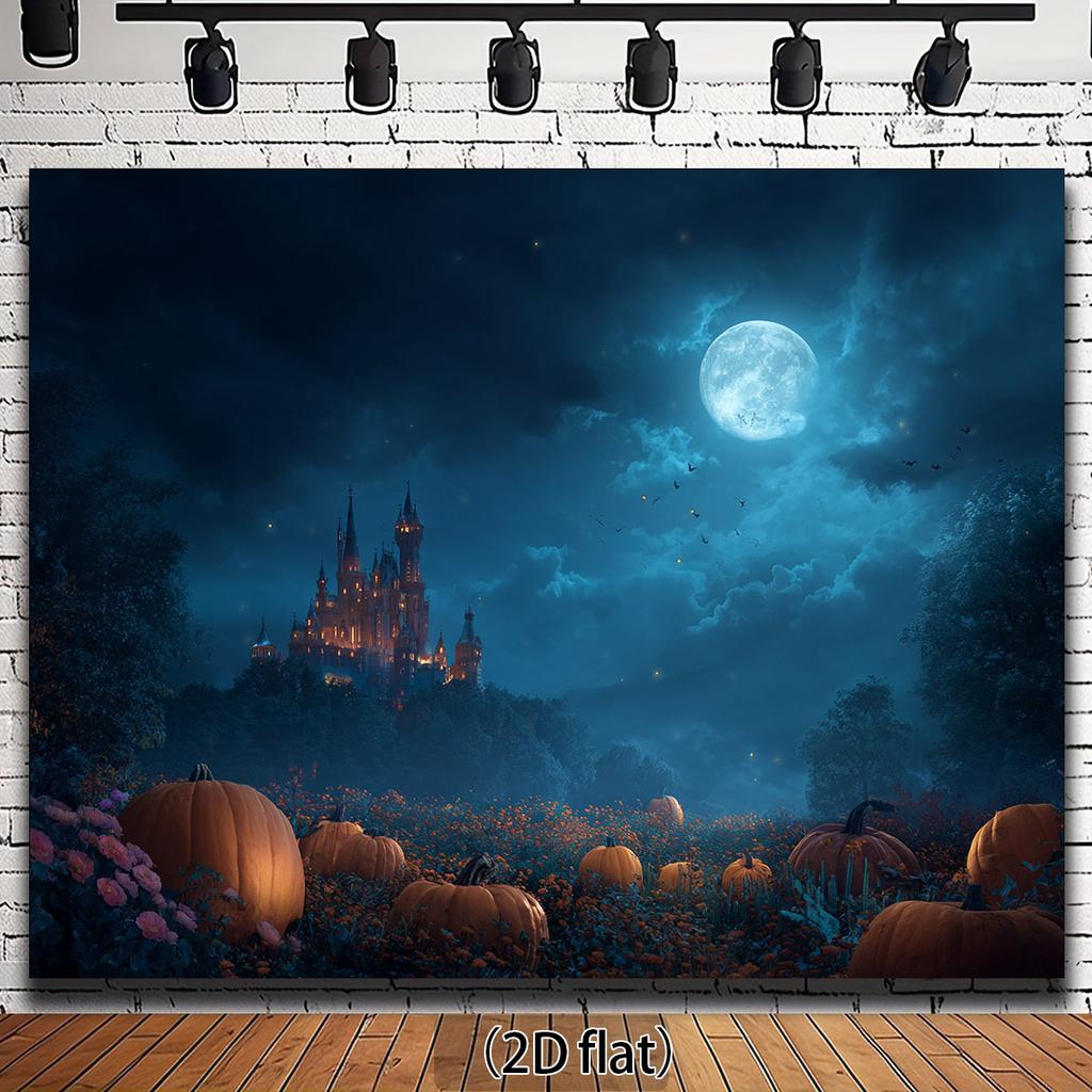 2D Plane, 1 Halloween Background of the Haunted Castle, with a Full Moon, Glowing Pumpkin Lanternszyc