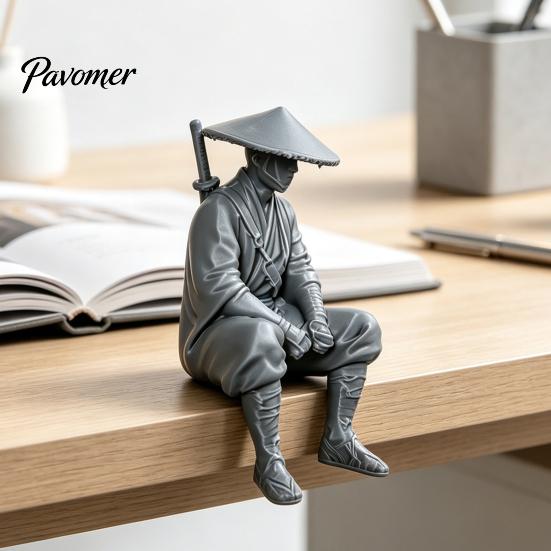 Traditional Chinese Martial Arts Art 3D Printed Ancient Hermit Warrior Figurine, Swordsman Statue with Bamboo Hat, Zen Tea Table Ornament Mini Desktop