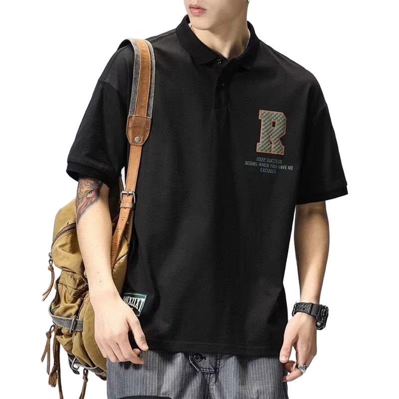 

Men Letter R Print Patch Short Sleeve Polo Shirt Casual Streetwear Top M чорний