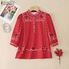 ZANZEA Women Casual Stand Collar Loose 3/4 Sleeve Print Blouse