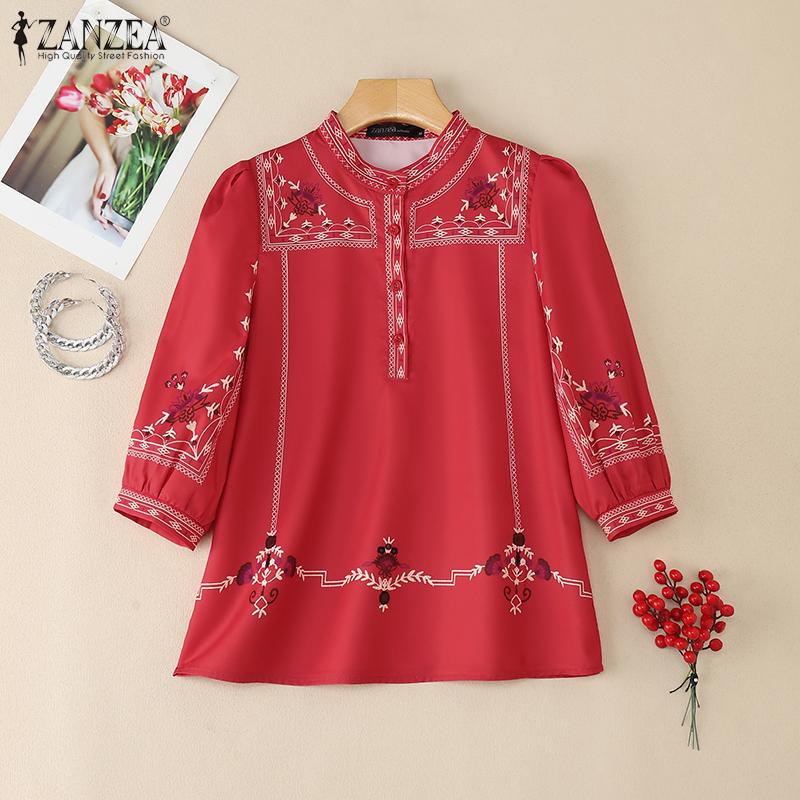 ZANZEA Women Casual Stand Collar Loose 3/4 Sleeve Print Blouse