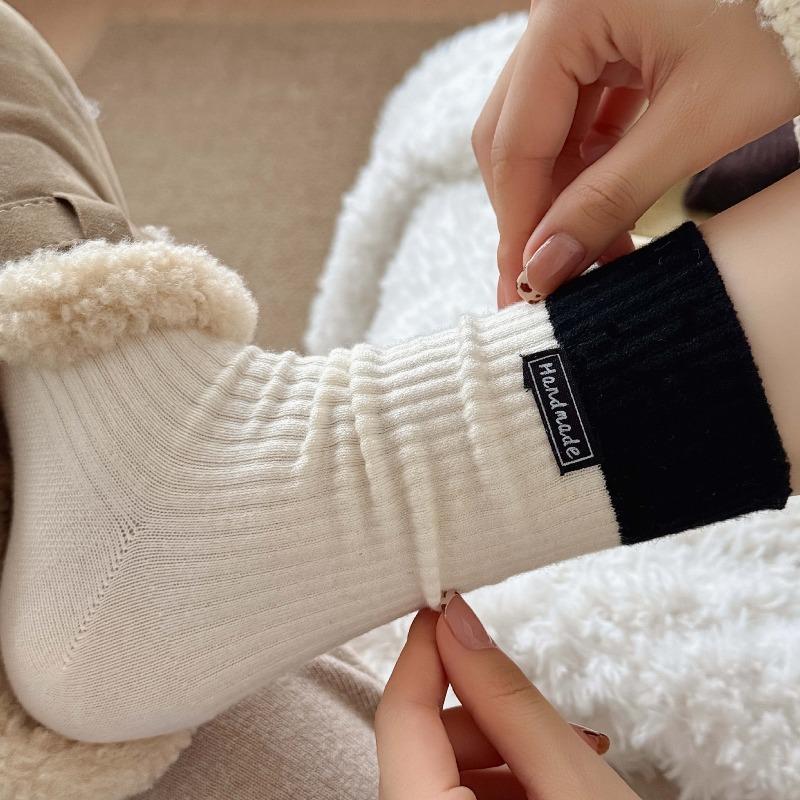 Wool Socks with Children's Multi-color Letter Fabric Labels, Mid-calf Socks, Vertical Stripes, Chunky Socks